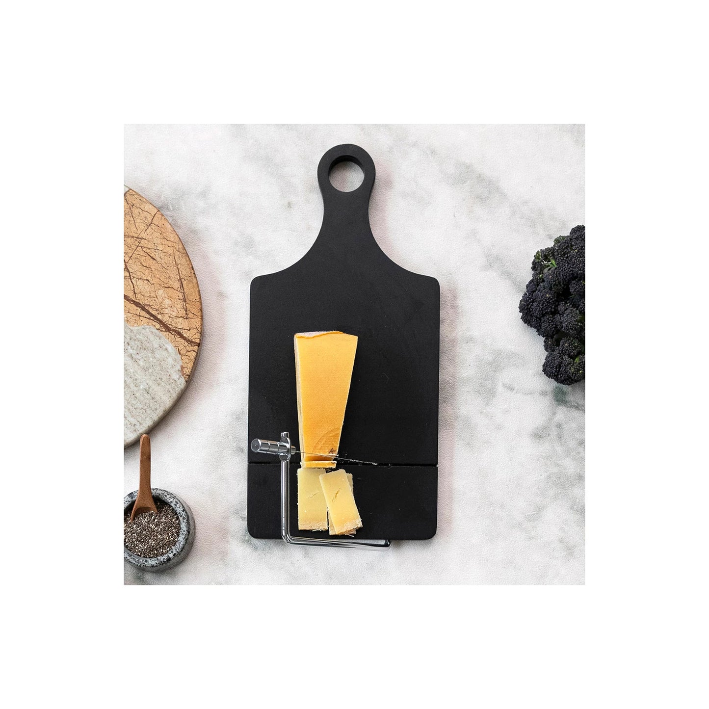 13-1/4"L x 8"W Acacia Wood & Stainless Steel End Grain Cheese Slicer, Black