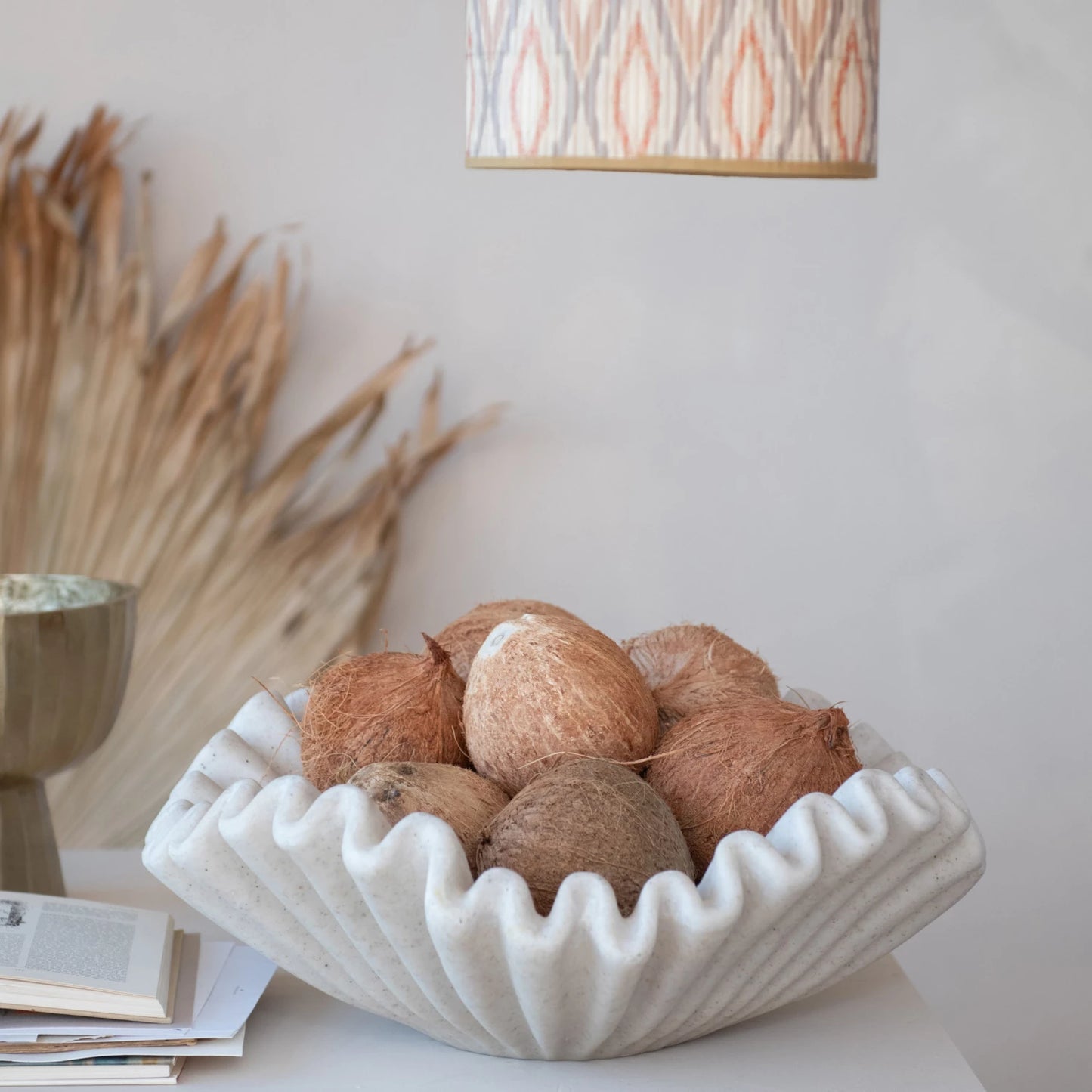 Decorative Resin Ruffled Bowl, Stone Finish, Cream Color SKU#AH3518  Ships By Truck