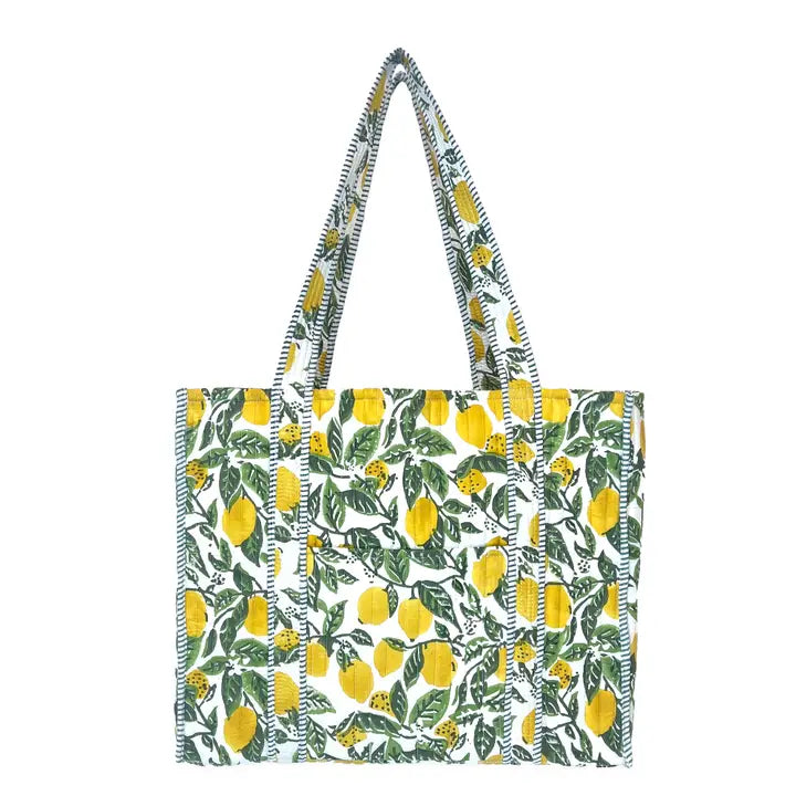 Quilted Block-Printed Tote Bag with Travel Pouch