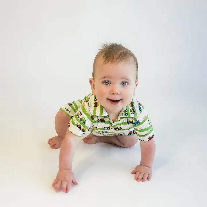 SS Polo Romper - Farm Stripes