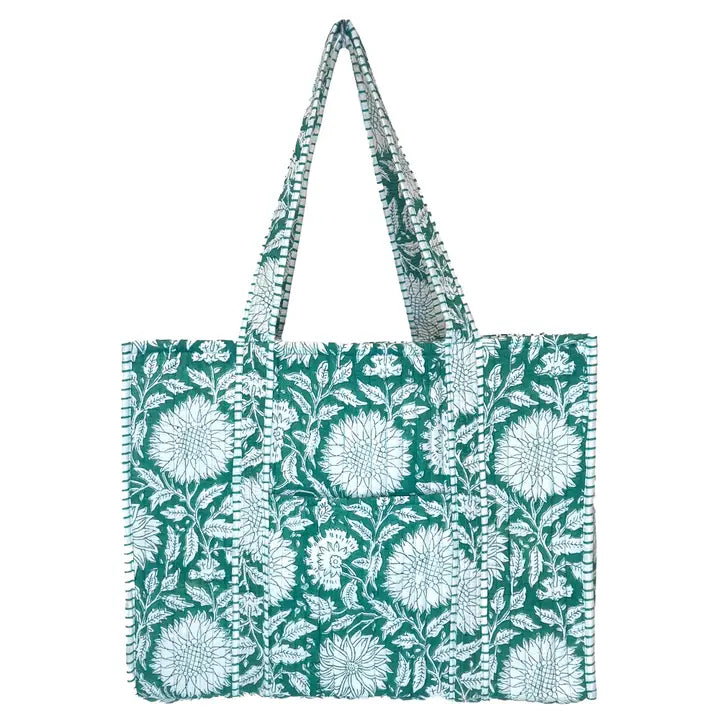 Quilted Block-Printed Tote Bag with Travel Pouch