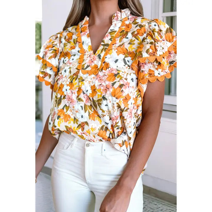 Orange Ruffled V Neck Scalloped Floral Blouse