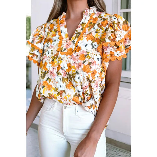 Orange Ruffled V Neck Scalloped Floral Blouse