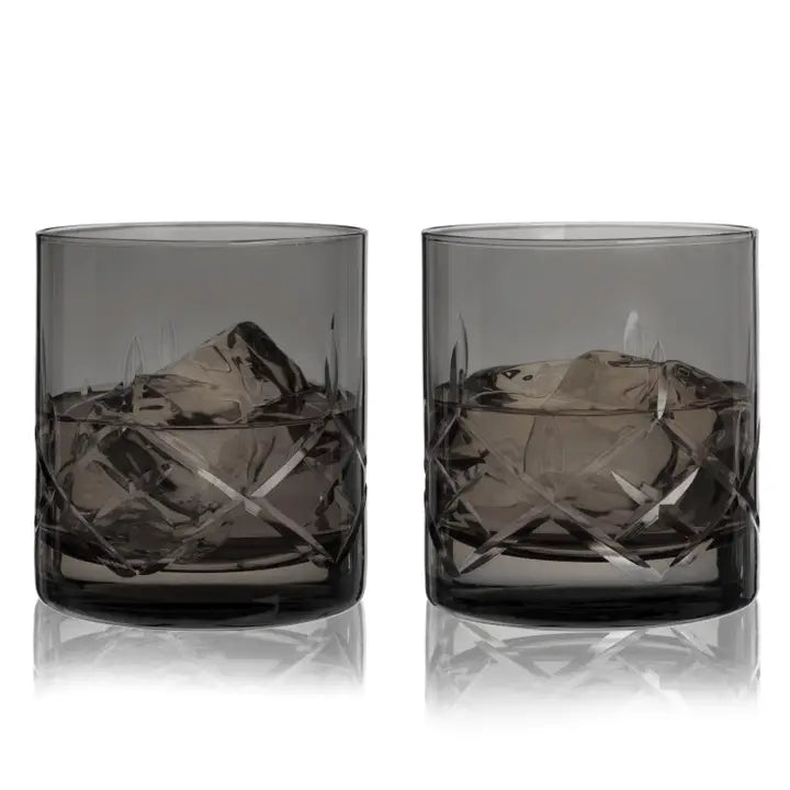 Admiral Hand-Etched Crystal Rocks Glasses - Smoke - Set of Two