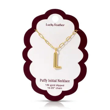 Lucky Feather Puffy Charm - Initial Necklace