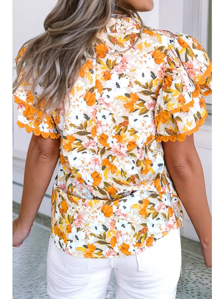 Orange Ruffled V Neck Scalloped Floral Blouse