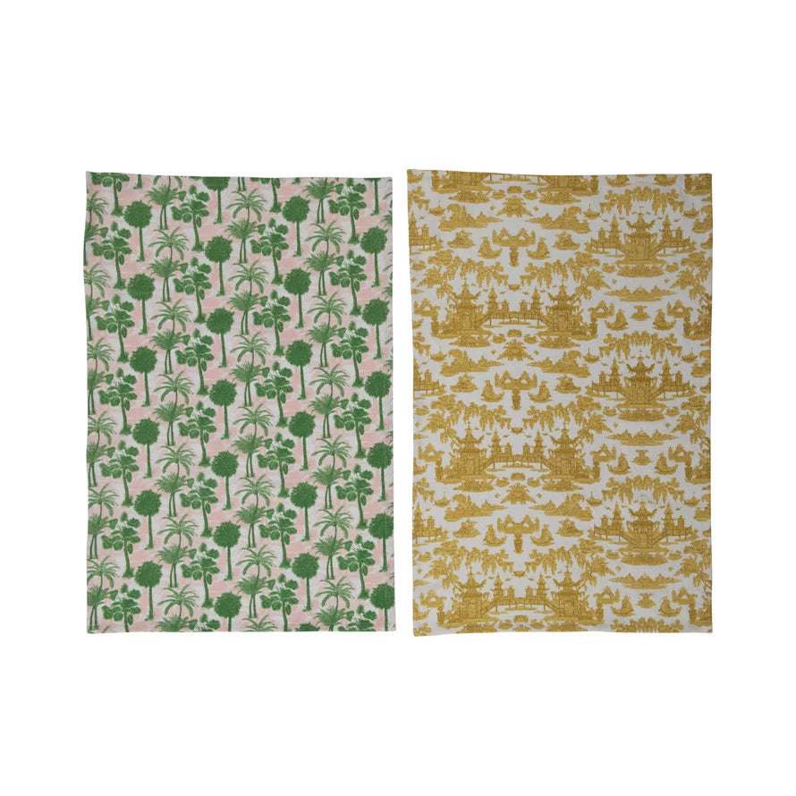 Cotton Printed Tea Towels with Pattern, 2 Colors, 2 Styles
