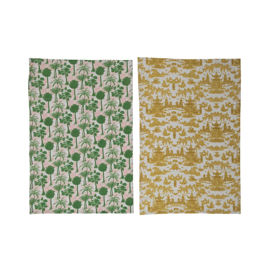 Cotton Printed Tea Towels with Pattern, 2 Colors, 2 Styles