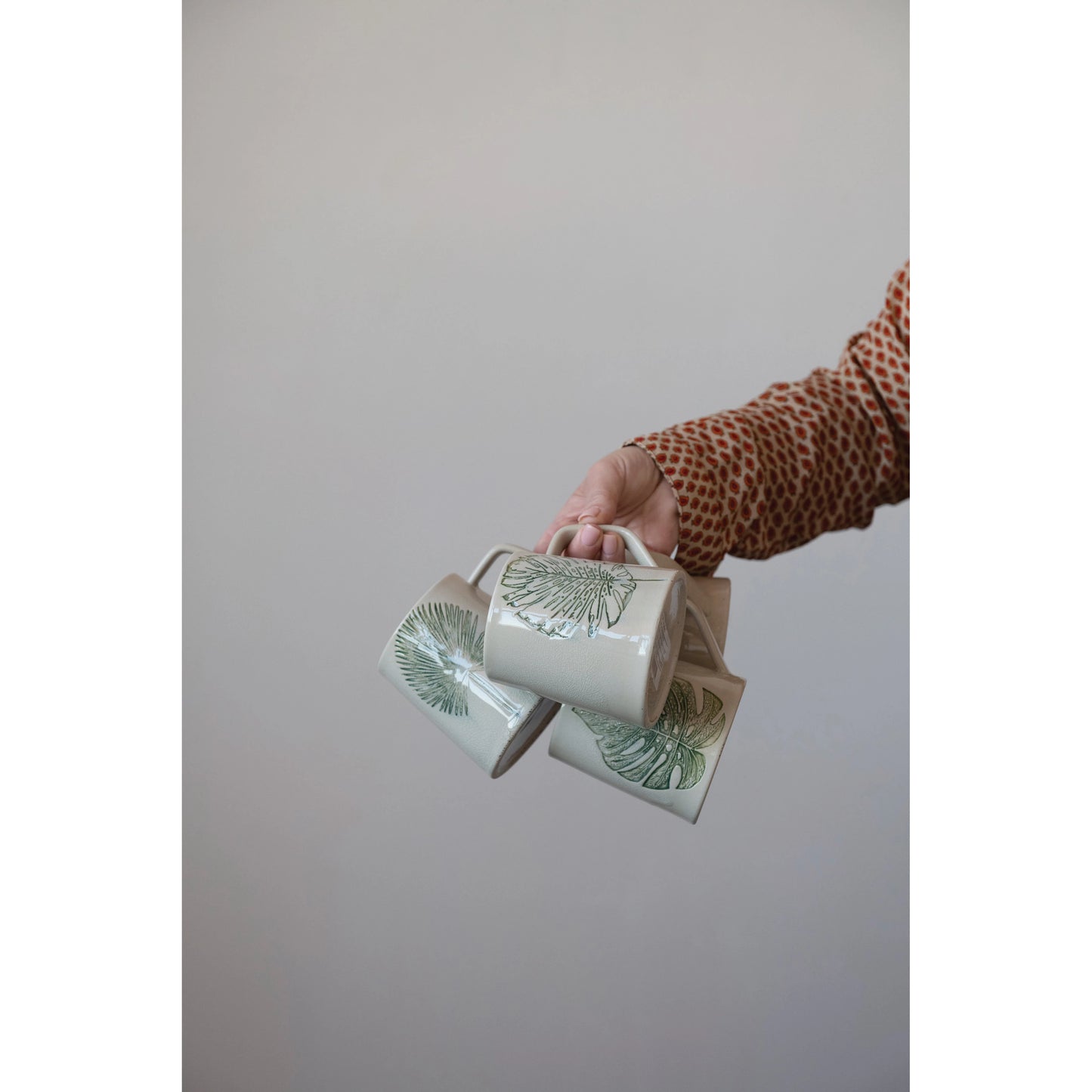 14 oz. Stoneware Mug with Debossed Leaf, Reactive Crackle Glaze, 4 Styles