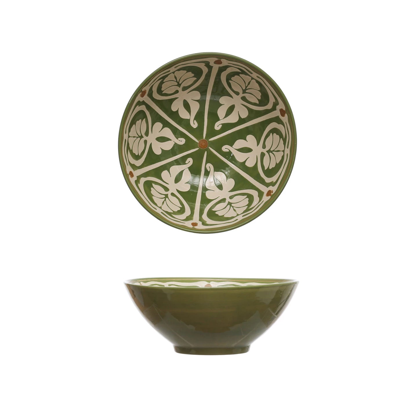 Hand-Painted Stoneware Serving Bowl w/ Design, Green & Brown