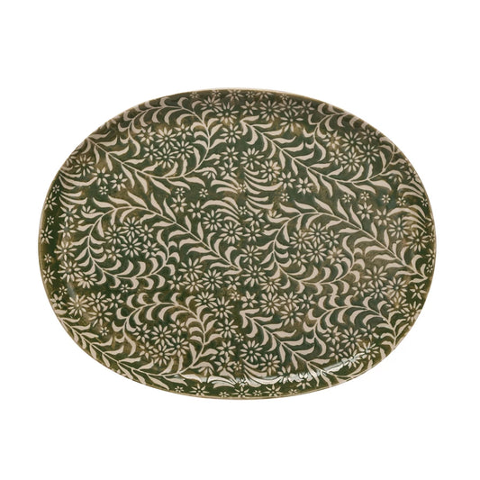 Stoneware Platter with Wax Relief Botanicals