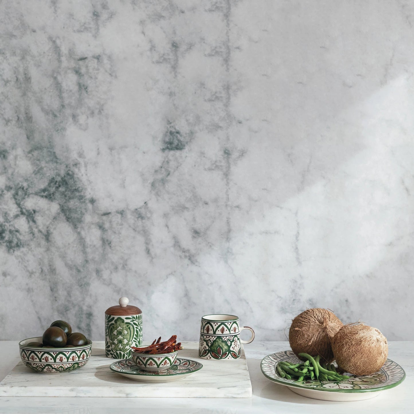 Hand-Painted Stoneware Plate w/ Design, Cream Color, Brown & Green