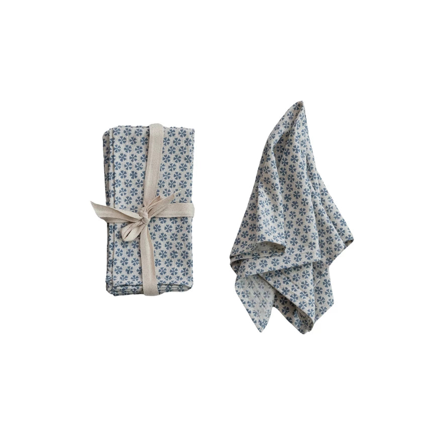 Cotton & Linen Napkins w/ Block Print Pattern, Set of 4- Blue & Beige