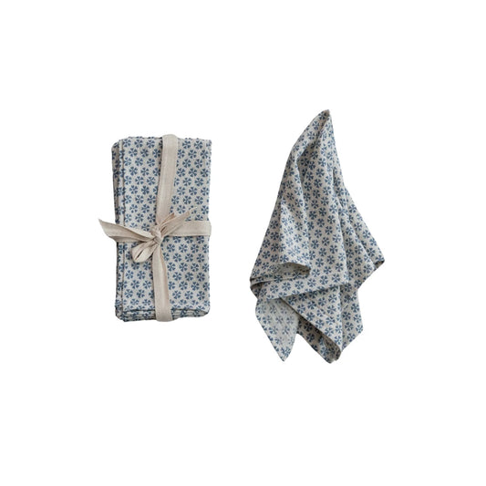 Cotton & Linen Napkins w/ Block Print Pattern, Set of 4- Blue & Beige