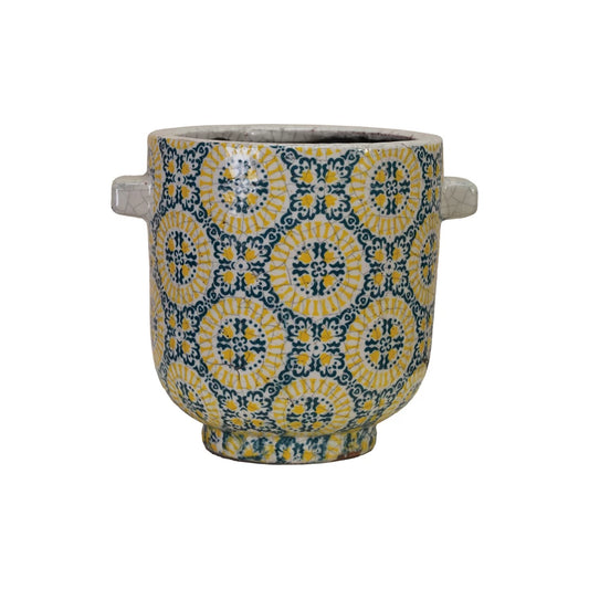 Terra-cotta Footed Planter Yellow & Blue