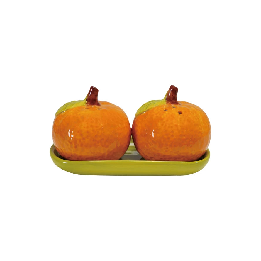 Clementine Shaped Salt & Pepper Shakers with Tray, Set of 3