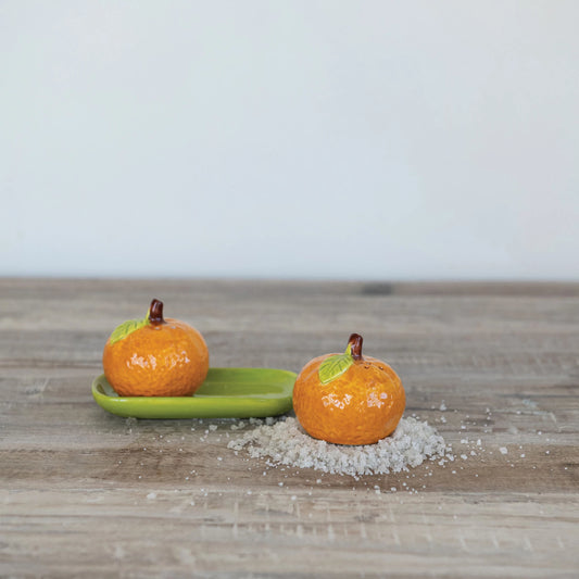 Clementine Shaped Salt & Pepper Shakers with Tray, Set of 3
