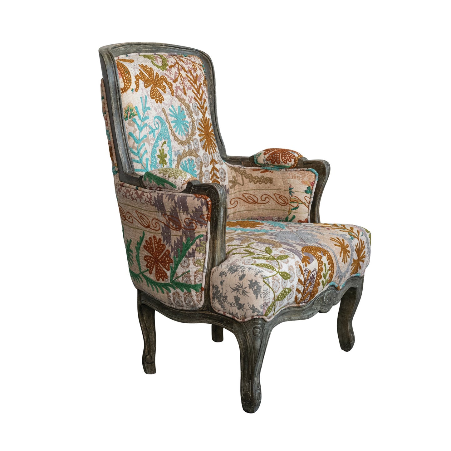 Upholstered Arm Chair with Hand-Carved Frame & Hand-Embroidery