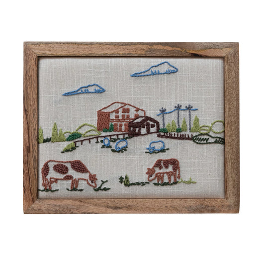 Mango Wood Framed Cotton Embroidered Wall Decor with Farm & Animals