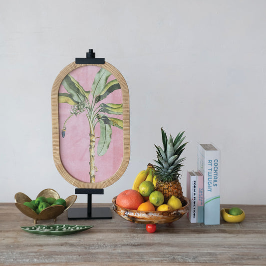 Oval Rattan Wrapped Wood Framed Glass Wall Decor with Palm Tree