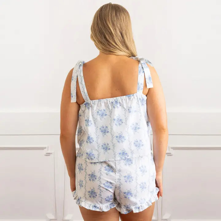 Blue Rose Vine Tie Top Ruffle Sleep Set