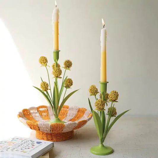 Painted Metal Yellow Flowers Taper Candle Holders