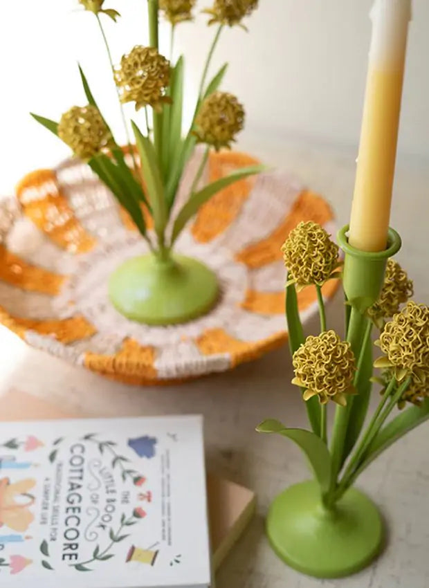 Painted Metal Yellow Flowers Taper Candle Holders